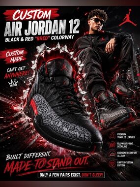 Custom Air Jordan 12 sneakers feature a striking black and red "Bred" colorway!